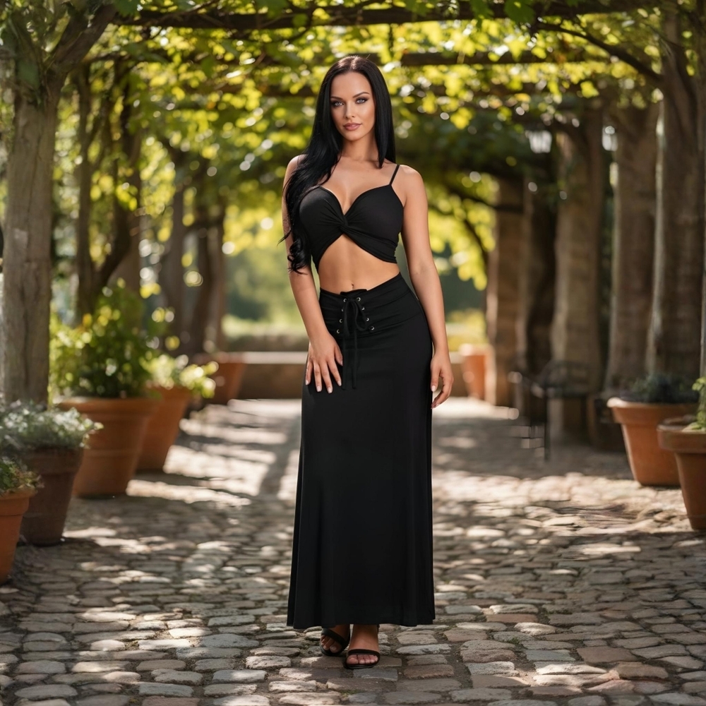 Nova Luxe ✦ Black Satin Two-Piece Set ✦ Twist Crop Top w/ Lace-Up Maxi Skirt M